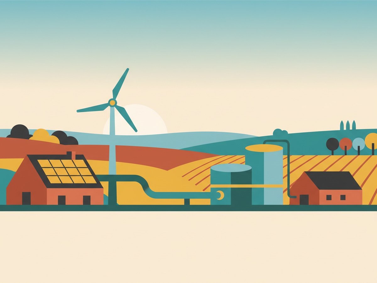 Maison avec panneaux solaires, éolienne et méthaniseur agricole dans un paysage français