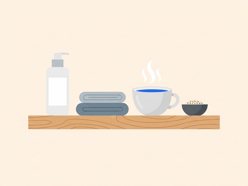 Illustration d'un flacon de soin, d'une serviette pliée et d'une tasse de thé