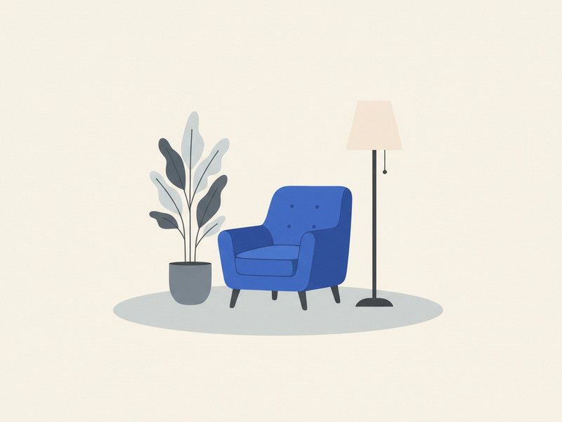 Illustration d'un fauteuil, d'une plante en pot et d'une lampe posés sur un tapis