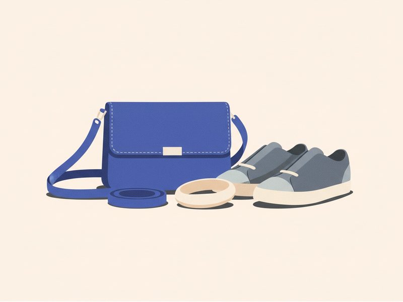 Illustration d'un sac bandoulière, d'une paire de baskets et d'un bracelet jonc