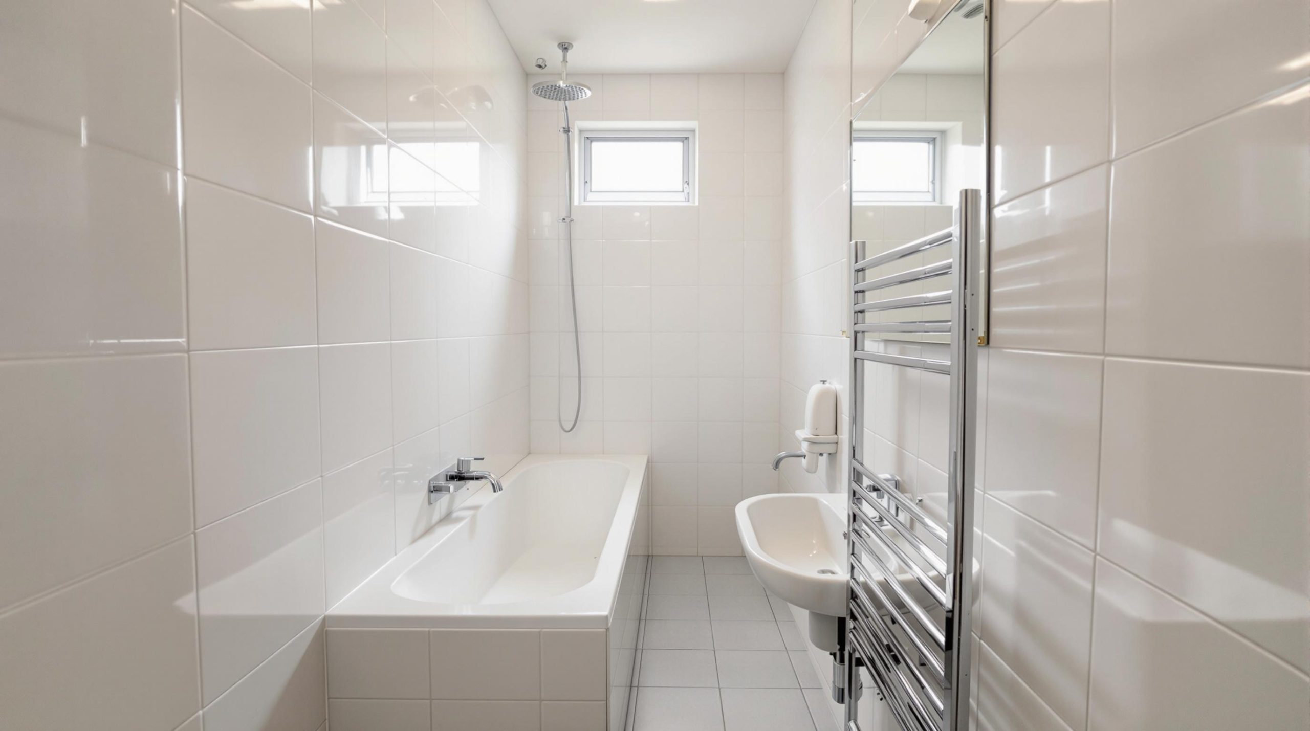 Salle de bain moderne et minimaliste avec baignoire, douche à l’italienne, lavabo, porte-serviettes chauffant et carrelage blanc.