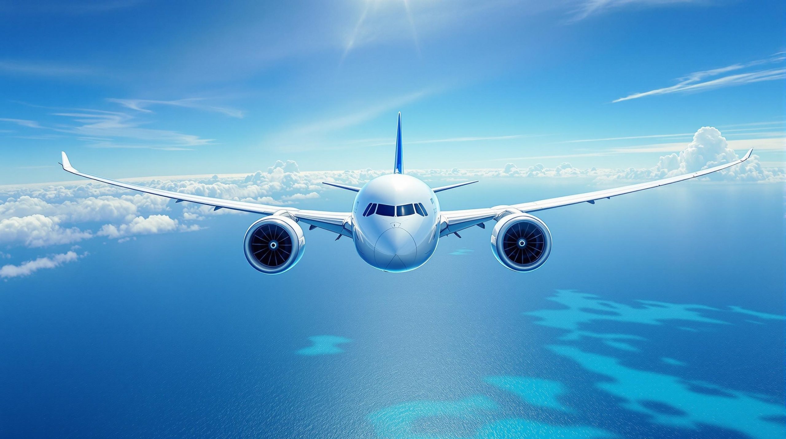 Vue frontale d’un avion de ligne volant au-dessus d’un océan sous un ciel bleu avec quelques nuages.